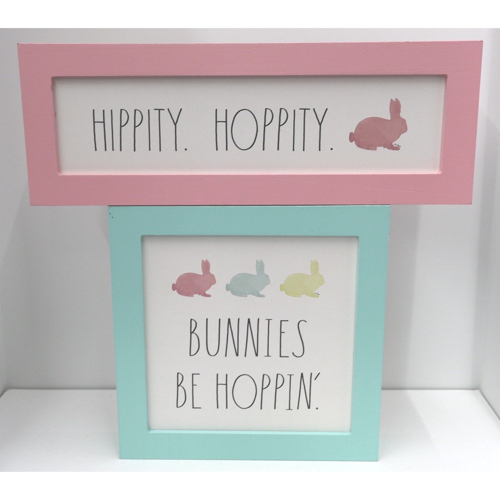 Rae Dunn Easter Wood Block Signs Set 2 Pink Teal Bunnies Be Hoppin Hippity Good